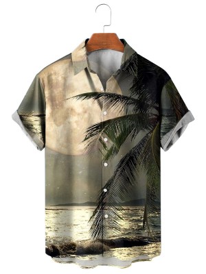 Men's Casual Printed Lapel Short Sleeve Shirt 63392347M